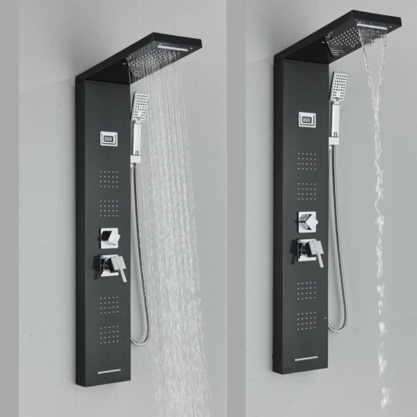 Panneau de douche noir Système de jets de massage pour le corps avec cascade et douche à main – Image 8