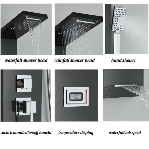 Panneau de douche noir Système de jets de massage pour le corps avec cascade et douche à main – Image 9