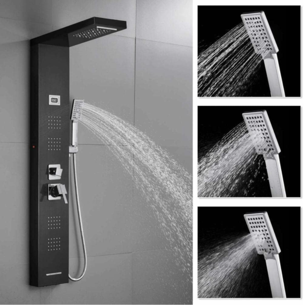 Panneau de douche noir Système de jets de massage pour le corps avec cascade et douche à main – Image 7