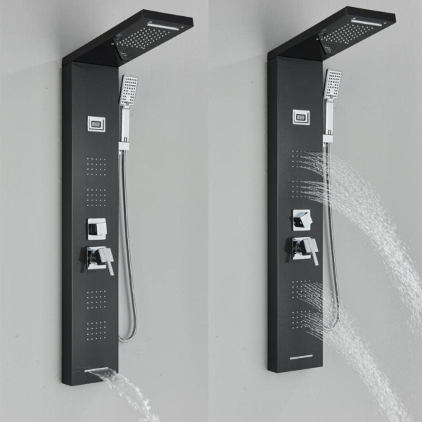 Panneau de douche noir Système de jets de massage pour le corps avec cascade et douche à main – Image 4