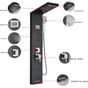 Panneau de douche noir Système de jets de massage pour le corps avec cascade et douche à main